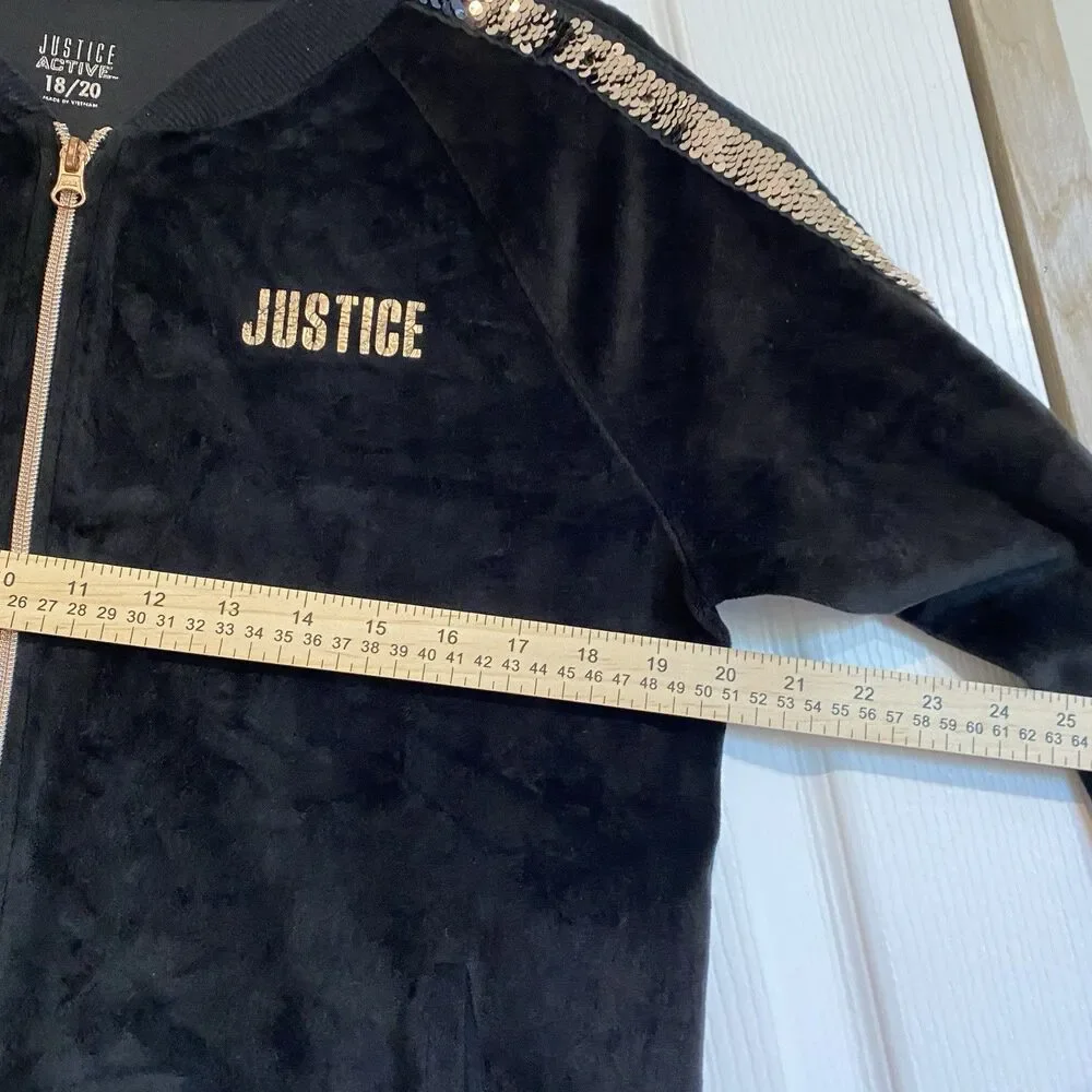 Justice Active Girls Jacket Velour Sequin Zipper Black And Copper size 18-20